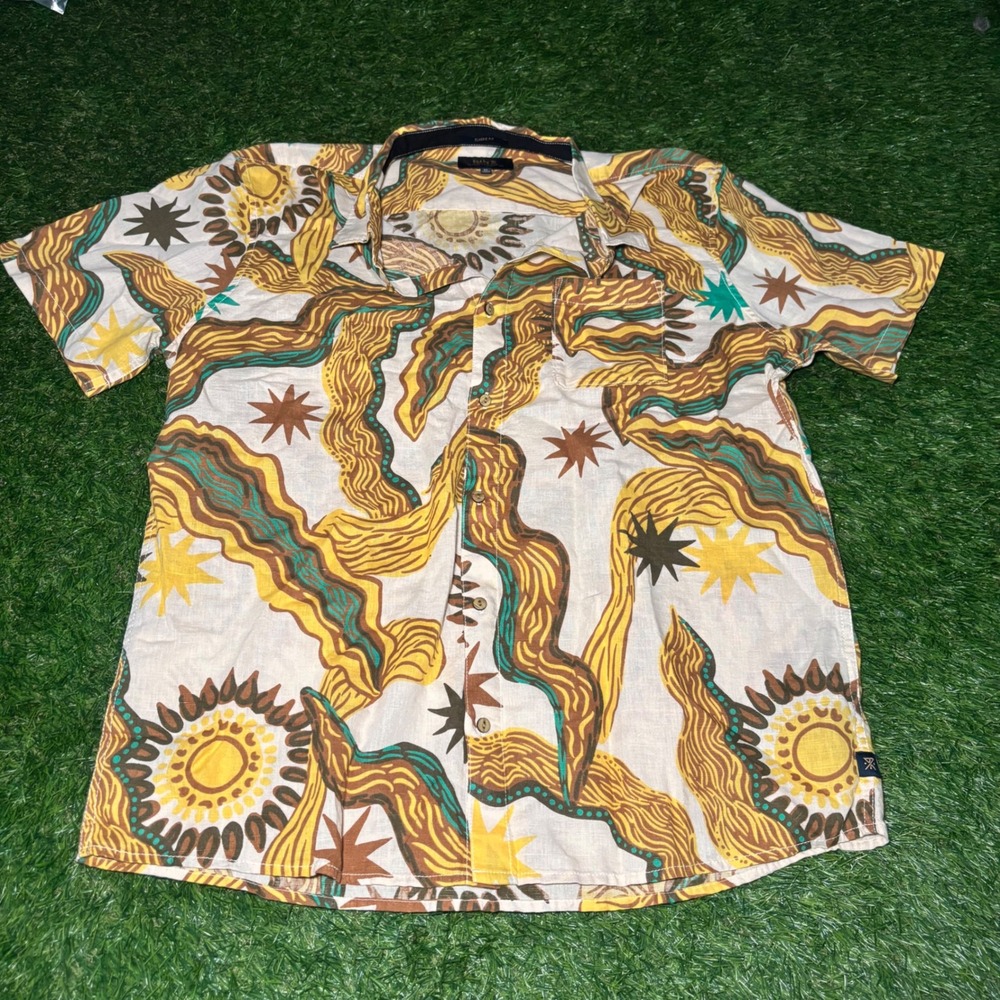 Roark Bless Up Journey Shirt Mens XL Sun Wave Print Cotton Linen Button Down